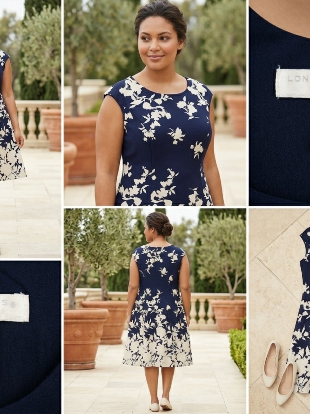 London Times Navy and Cream Floral Midi Dress